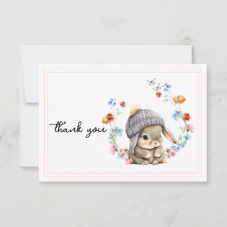Tarjeta De Agradecimiento Modern Wildflower Cute Bunny First Birthday 
