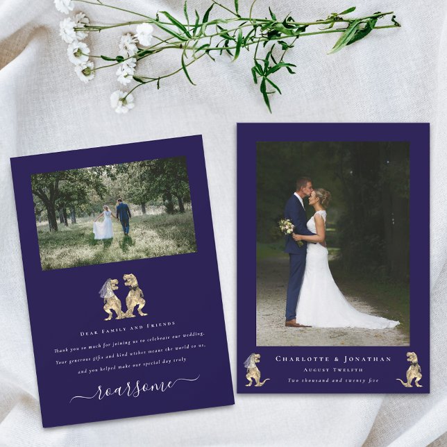 Tarjeta De Agradecimiento Moderna 2 foto Boda de Dinosaurios Marina Azul (Dinosaur theme wedding photo thank you navy blue flat card T-Rex dino bride and groom elegant script)