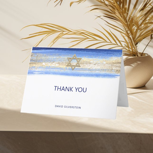 Tarjeta De Agradecimiento Moderna acuarela Blue Gold Bar Mitzvah Hebreo (Modern Watercolor Blue Gold Bar Mitzvah Hebrew Thank You Card)