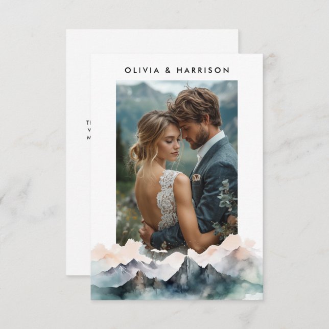 Tarjeta De Agradecimiento Moderna acuarela Boda de paisaje de montaña foto (Anverso / Reverso)