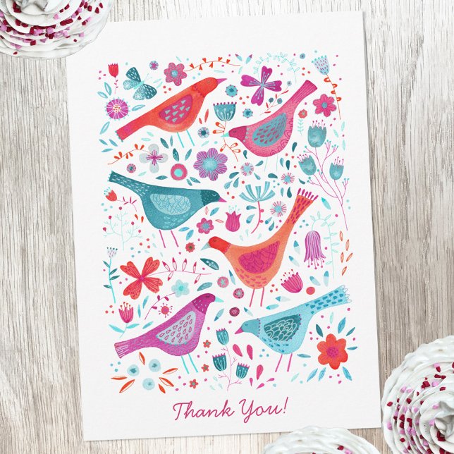 Tarjeta De Agradecimiento Moderna acuarela de pájaro Gracias Personalizado (Modern watercolor birds and flowers thank you card with custom text)