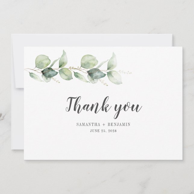 Tarjeta De Agradecimiento Moderna acuarela Eucalyptus Greenery Boda (Anverso)