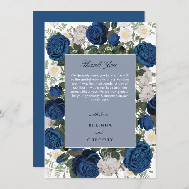 Tarjeta De Agradecimiento Moderna acuarela floral azul elegante matrimonio (Anverso / Reverso)