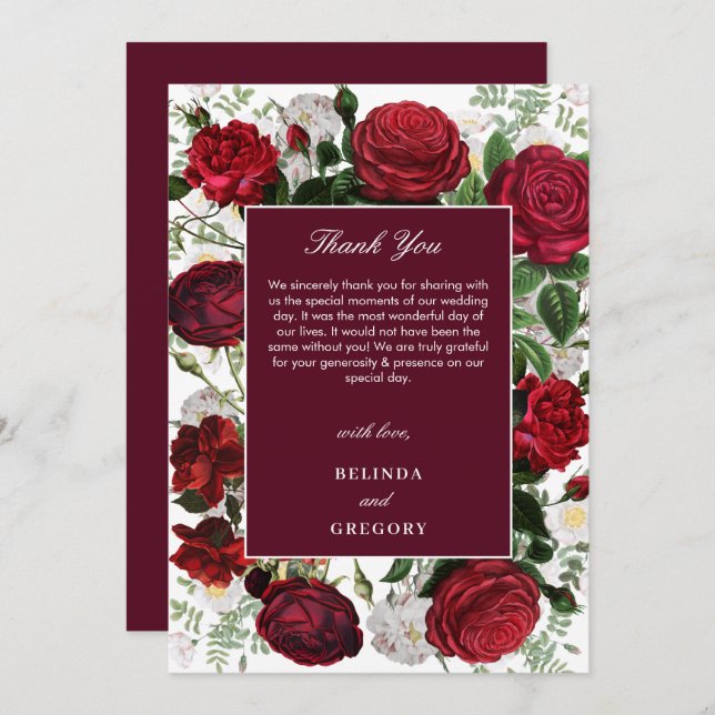 Tarjeta De Agradecimiento Moderna acuarela floral de Borgoña Elegante Boda (Anverso / Reverso)