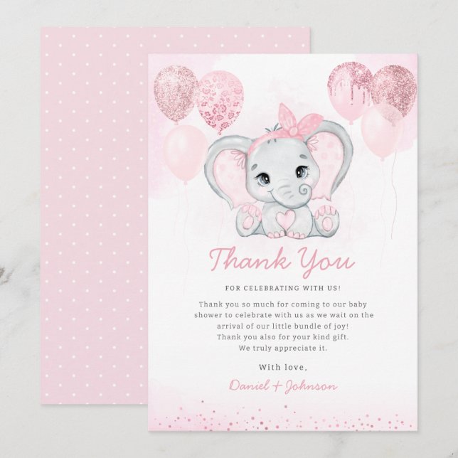 Tarjeta De Agradecimiento Moderna acuarela rosa Cute Elefante Baby Shower (Anverso / Reverso)