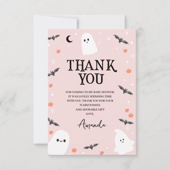 Tarjeta De Agradecimiento Moderna Baby Shower de Halloween Rosa (Anverso)