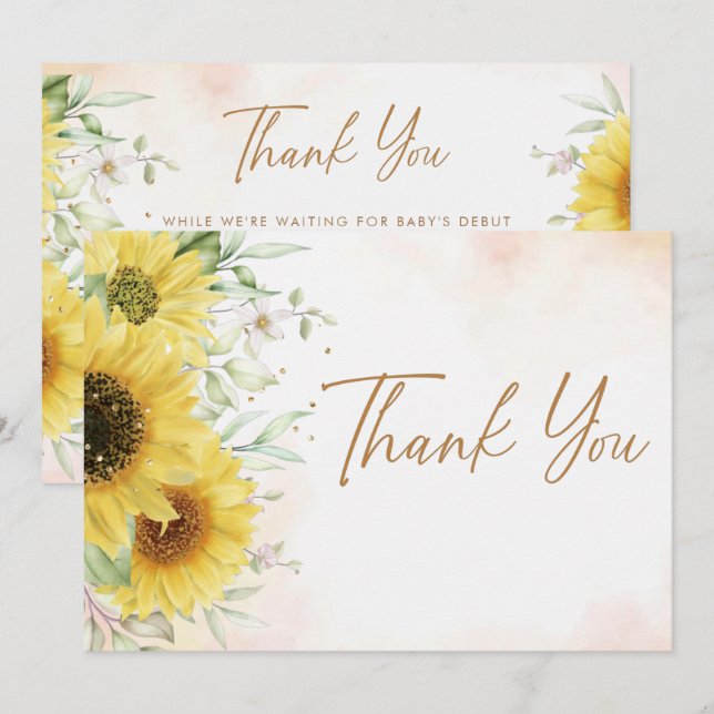 Tarjeta De Agradecimiento Moderna Baby Shower Simple Sunflower Greenery (Anverso / Reverso)