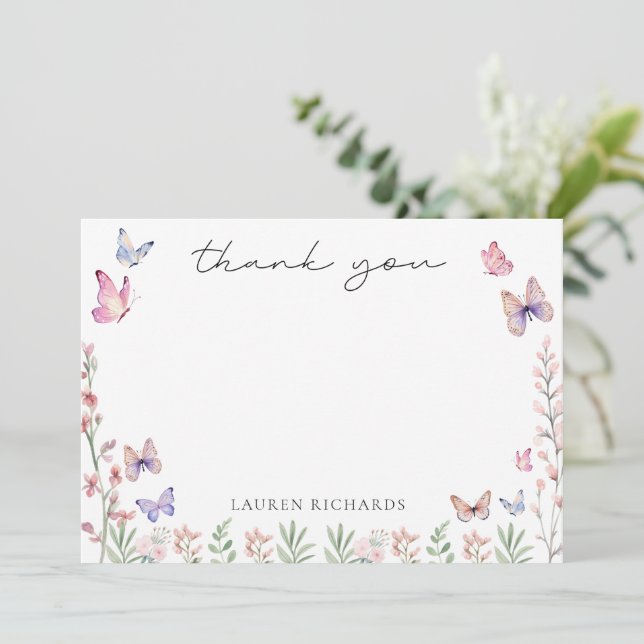 Tarjeta De Agradecimiento Moderna Butterflies Bridal Shower (Anverso de pie)