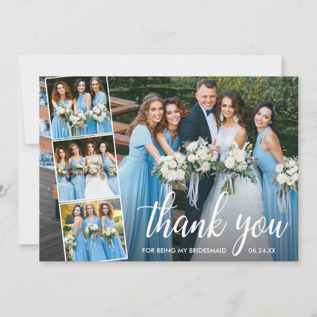 Tarjeta De Agradecimiento Moderna caligrafía 4 Collage de fotos Bridesmaid (Anverso)