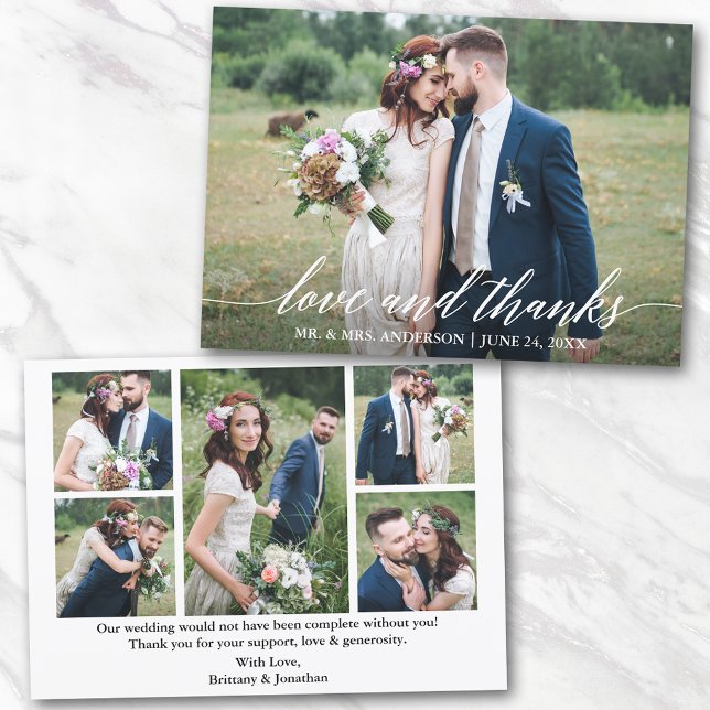 Tarjeta De Agradecimiento Moderna caligrafía Boda Amor Gracias 6 Fotos (Customize to change your personalized text size or text style.)