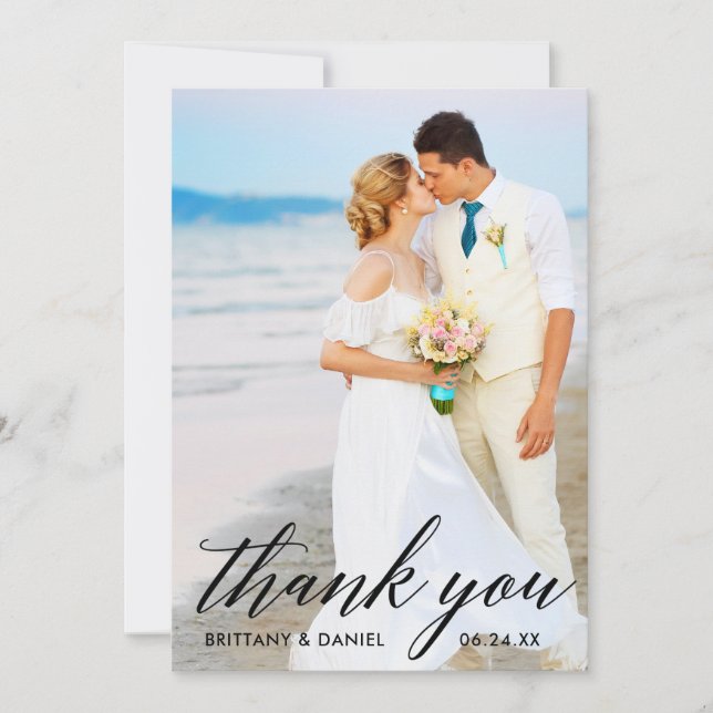 Tarjeta De Agradecimiento Moderna caligrafía Boda de fotografía de Bride Gro (Anverso)