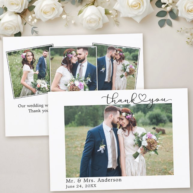 Tarjeta De Agradecimiento Moderna caligrafía guión cardíaco 4 Boda fotográfi (Customize to change your personalized text size or text style.)