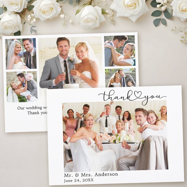Tarjeta De Agradecimiento Moderna caligrafía guión del corazón 6 fotos Boda (Customize to change your personalized text size or text style.)