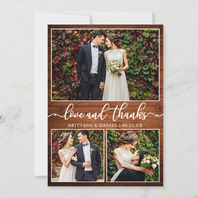 Tarjeta De Agradecimiento Moderna caligrafía Madera 3 Boda de fotografía (Anverso)