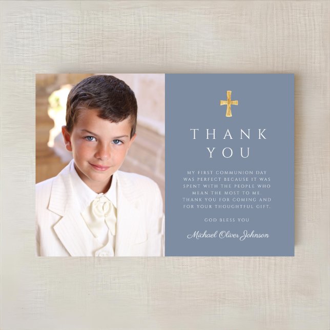 Tarjeta De Agradecimiento Moderna Cruz Azul Polvorienta Foto Primera Comunió (Modern Dusty Blue Cross Boy Photo First Communion Thank You Card)