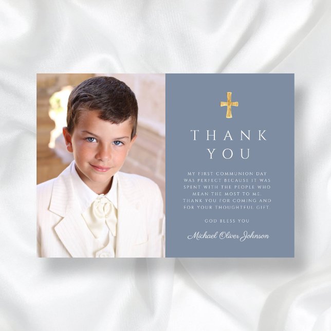 Tarjeta De Agradecimiento Moderna Cruz Azul Polvorienta Foto Primera Comunió (Modern Dusty Blue Cross Boy Photo First Communion Thank You Card)