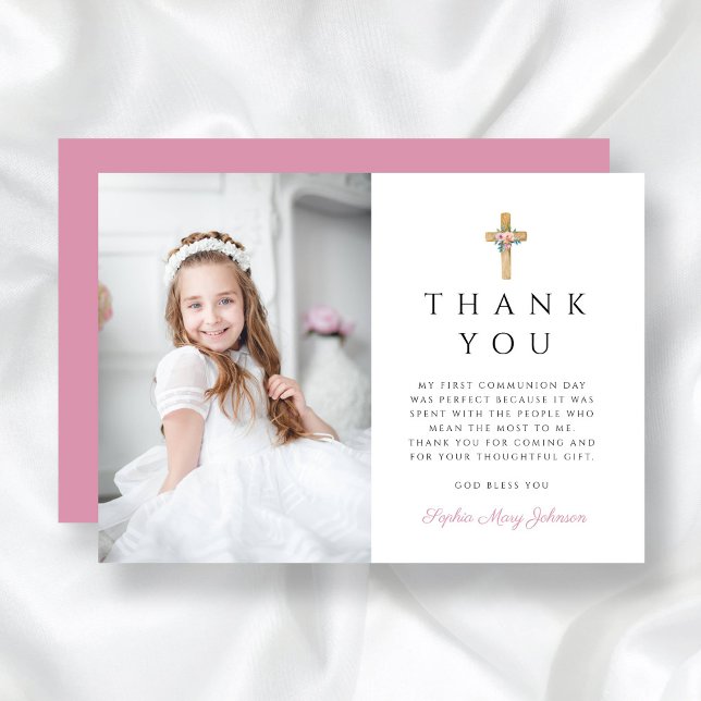 Tarjeta De Agradecimiento Moderna Cruz Floral Primera Comunión Foto (Modern Floral Cross First Communion Photo Thank You Card)