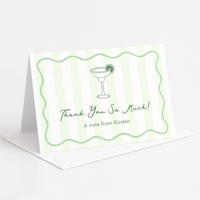 Tarjeta De Agradecimiento Moderna ducha margarita verde pálido (Trendy hand-drawn style Margarita bridal shower thank you card with squiggle line border)