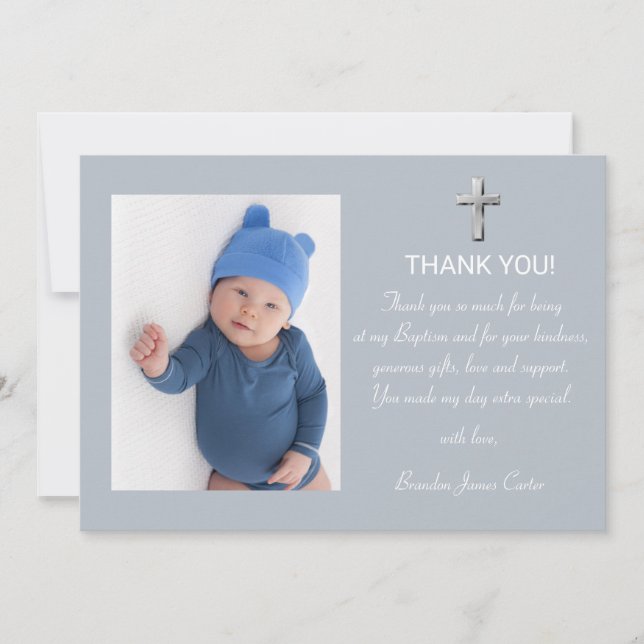 Tarjeta De Agradecimiento Moderna elegancia Dusty Blue Cross Boy Baptism (Anverso)