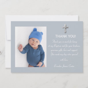 Tarjeta De Agradecimiento Moderna elegancia Dusty Blue Cross Boy Baptism