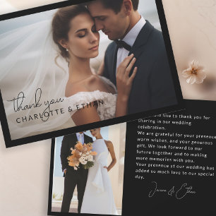 Tarjeta De Agradecimiento Moderna Elegante 2 Fotos Boda Gracias Negro