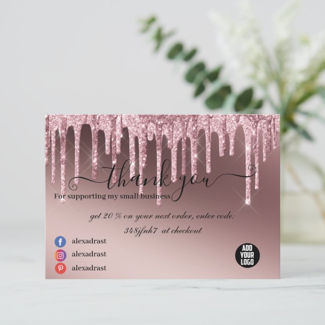 Tarjeta De Agradecimiento Moderna empresa Rosa Gold Purpurina (Anverso de pie)