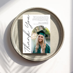 Tarjeta De Agradecimiento Moderna escritura Casual Arch Foto Graduación Negr