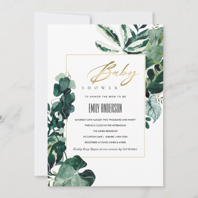 TARJETA DE AGRADECIMIENTO MODERNA FAUNA BABY SHOWER DE MONSTERA TROPICAL (Anverso)