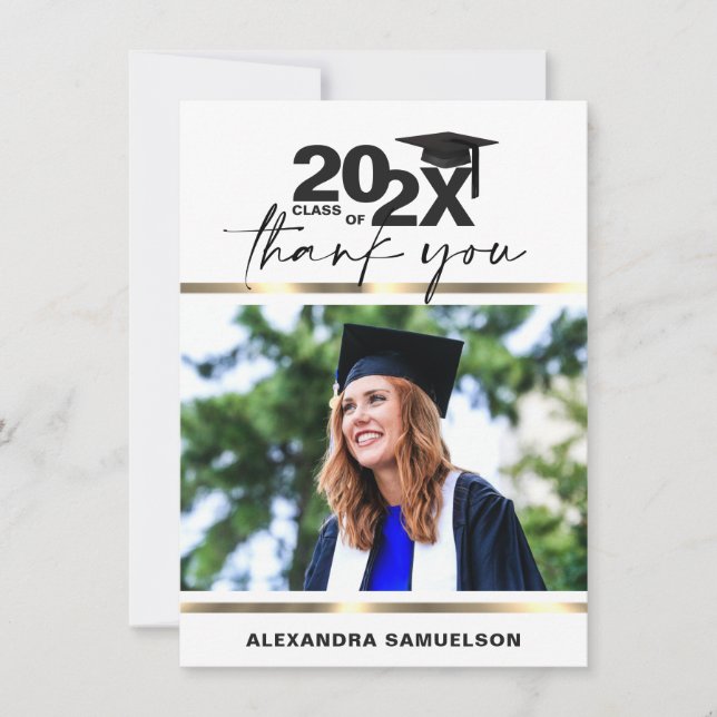 Tarjeta De Agradecimiento Moderna graduación Cap Year Gold White | FOTO (Anverso)