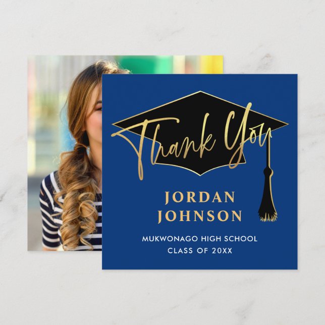 Tarjeta De Agradecimiento Moderna graduación de FOTO azul de la Marina Dorad (Anverso / Reverso)