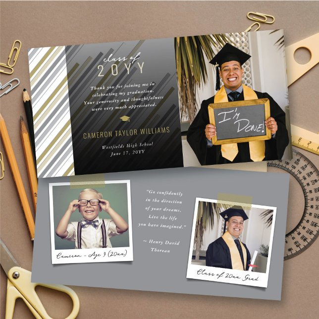 Tarjeta De Agradecimiento Moderna Graduación De Fotografías De Bandas Gris O (Modern Gold & Grey Preppy Stripes Photo Classic Graduation Thank You Card @ zazzle.com/color_therapy)
