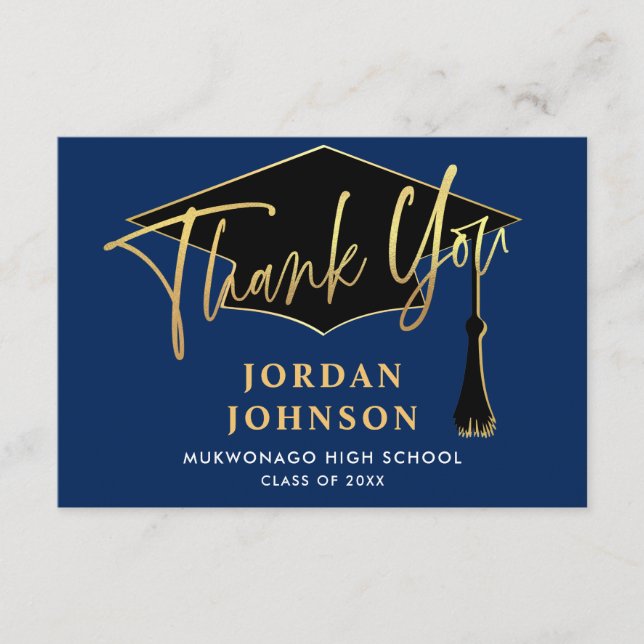 Tarjeta De Agradecimiento Moderna graduación simple de la Marina Dorada Mini (Anverso)