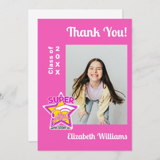 Tarjeta De Agradecimiento Moderna graduación Super Grad Rosa Editable (Anverso / Reverso)