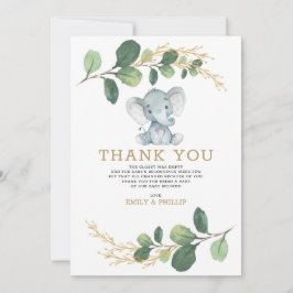 Tarjeta De Agradecimiento Moderna Greenery Gold Elephant Neutral Baby Shower