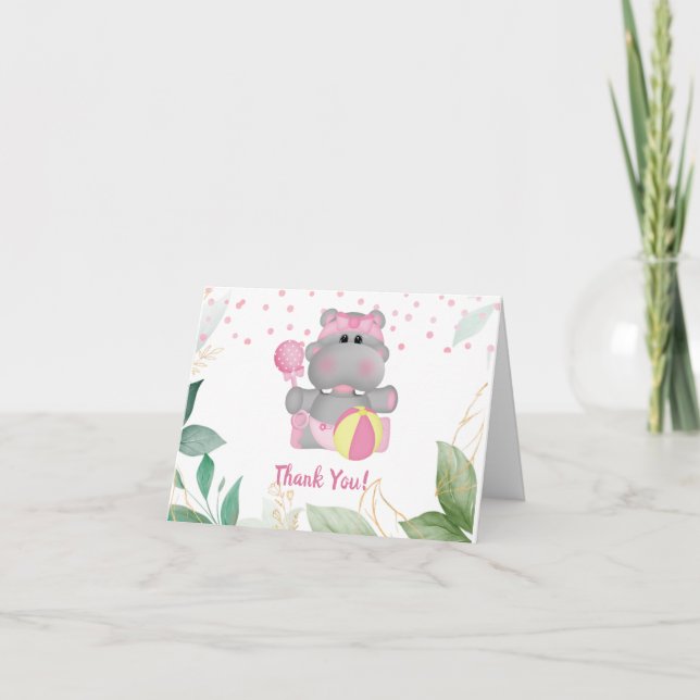 Tarjeta De Agradecimiento Moderna Hippo verde rosa deja Baby Shower (Anverso)