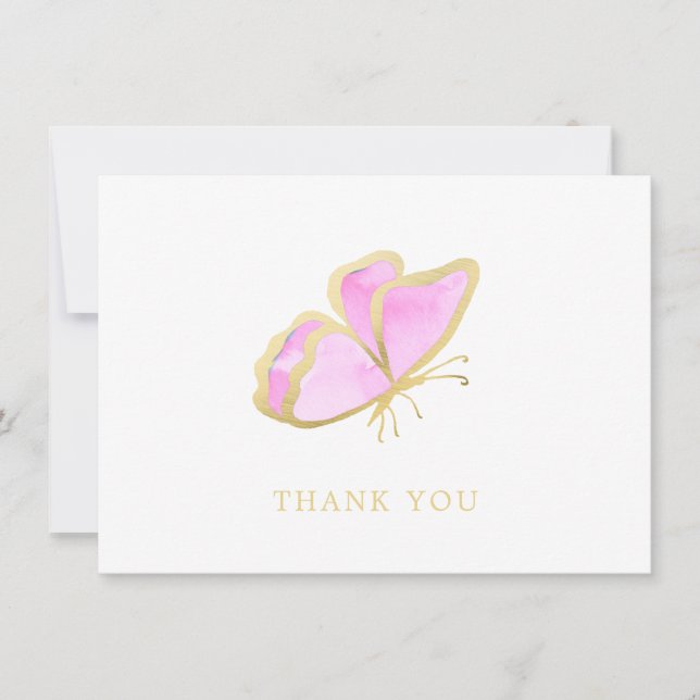 Tarjeta De Agradecimiento Moderna mariposa rosa y dorada elegante (Anverso)