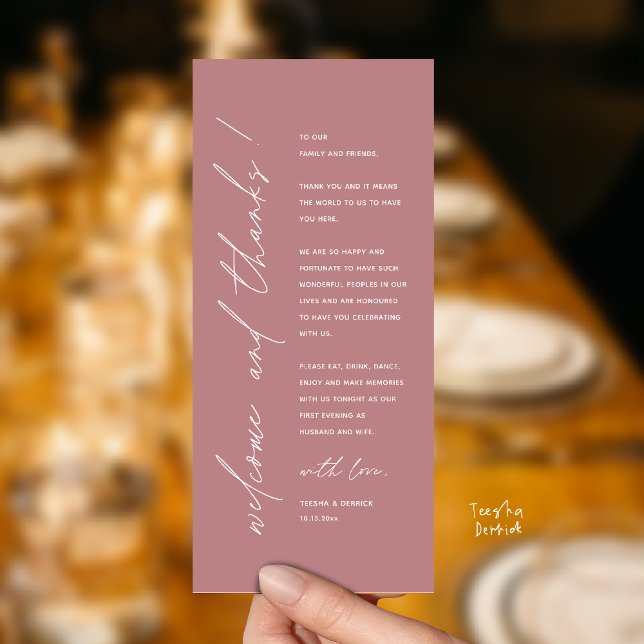 Tarjeta de agradecimiento moderna minimalista para (Modern Minimalist Wedding Reception Dinner Thank You Card in dusty rose pink)