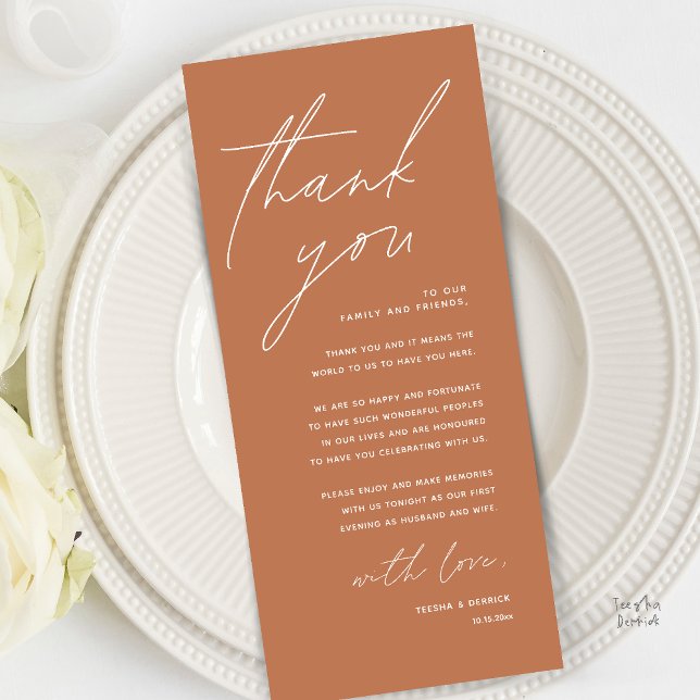 Tarjeta de agradecimiento moderna minimalista para (Modern Minimal Wedding Reception Dinner Brunch Lunch Thank You Card in Copper Terracotta Brown)