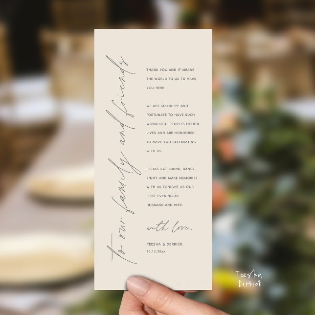 Tarjeta de agradecimiento moderna para cena de rec (Welcome and thanks, Modern Wedding Reception Dinner Thank You card, family friends in cream grey)