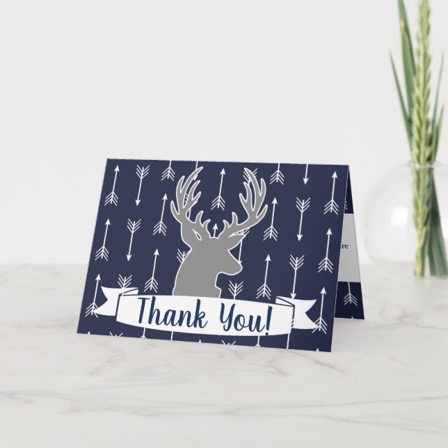 Tarjeta De Agradecimiento Moderna Rústica Gris & Navy Deer & Arrow Gracias (Anverso)