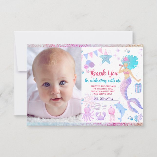 Tarjeta De Agradecimiento Moderna sirena de Chica rosa morado azul 1 cumplea (Anverso)