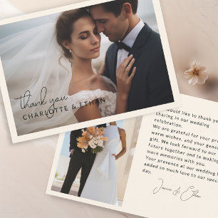 Tarjeta De Agradecimiento Moderna y elegante 2 fotos Boda Gracias Beige