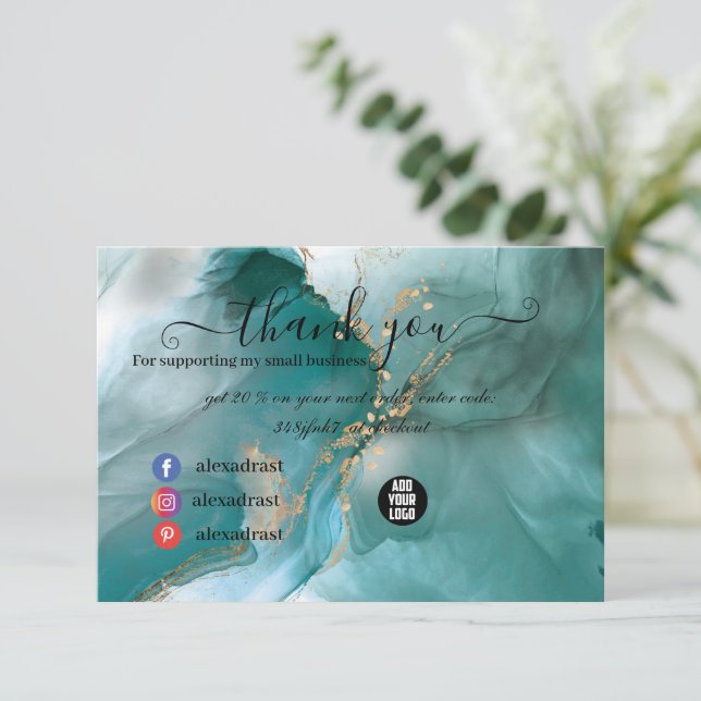 Tarjeta De Agradecimiento Moderna y elegante acuarela Verde azulada y dorada (Anverso de pie)