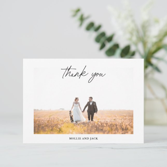 Tarjeta De Agradecimiento Moderna Y Elegante Escritura De Mano Boda Foto (Anverso de pie)