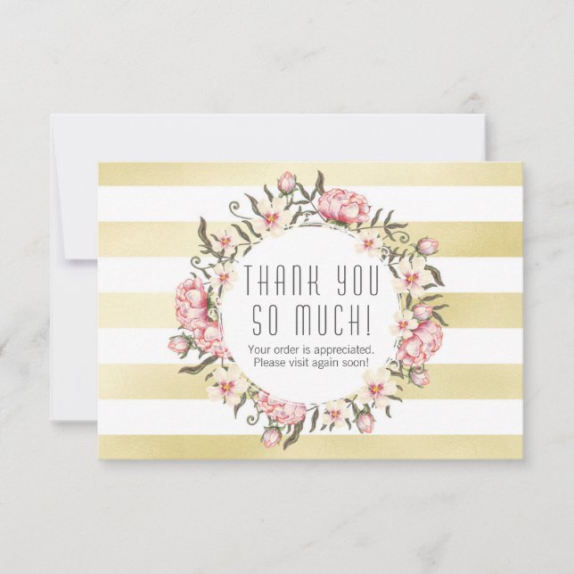 Tarjeta De Agradecimiento Modernas bandas de oro y Rosas florales rosas grac (Anverso)