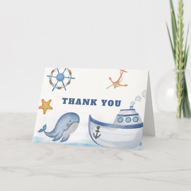 Tarjeta De Agradecimiento Moderno Ahoy Boy Whale Sailboat Baby Shower (Anverso)