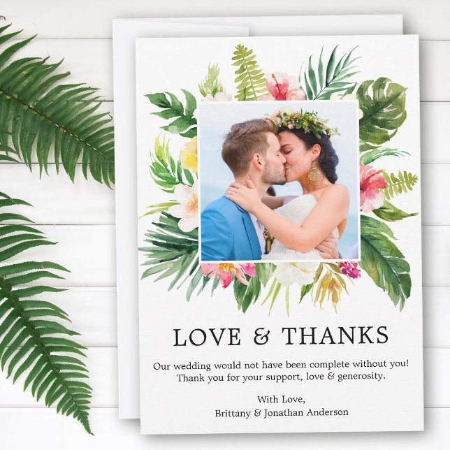 Tarjeta De Agradecimiento Moderno amor tropical floral y gracias Boda (Customize to change text size, style or to add more text or photos to back of card.)