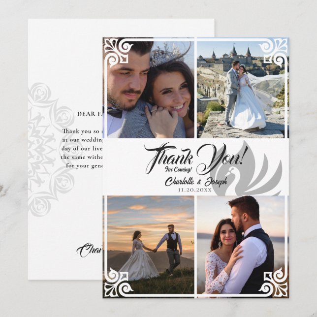 Tarjeta De Agradecimiento Moderno Art Deco Cisne Blanco 4 Boda de fotografía (Anverso / Reverso)