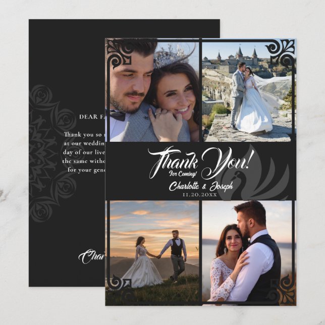 Tarjeta De Agradecimiento Moderno Art Deco Cisne Negro 4 Boda de fotografía (Anverso / Reverso)