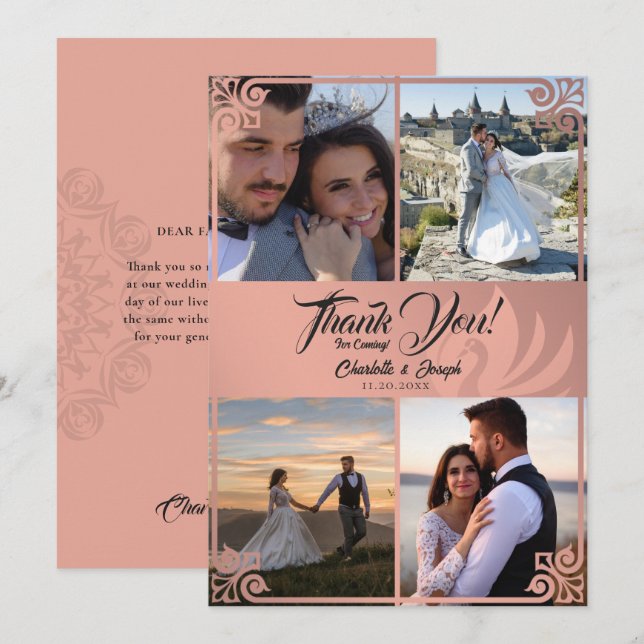 Tarjeta De Agradecimiento Moderno Art Deco Cisne Rosa 4 Boda de fotografía (Anverso / Reverso)
